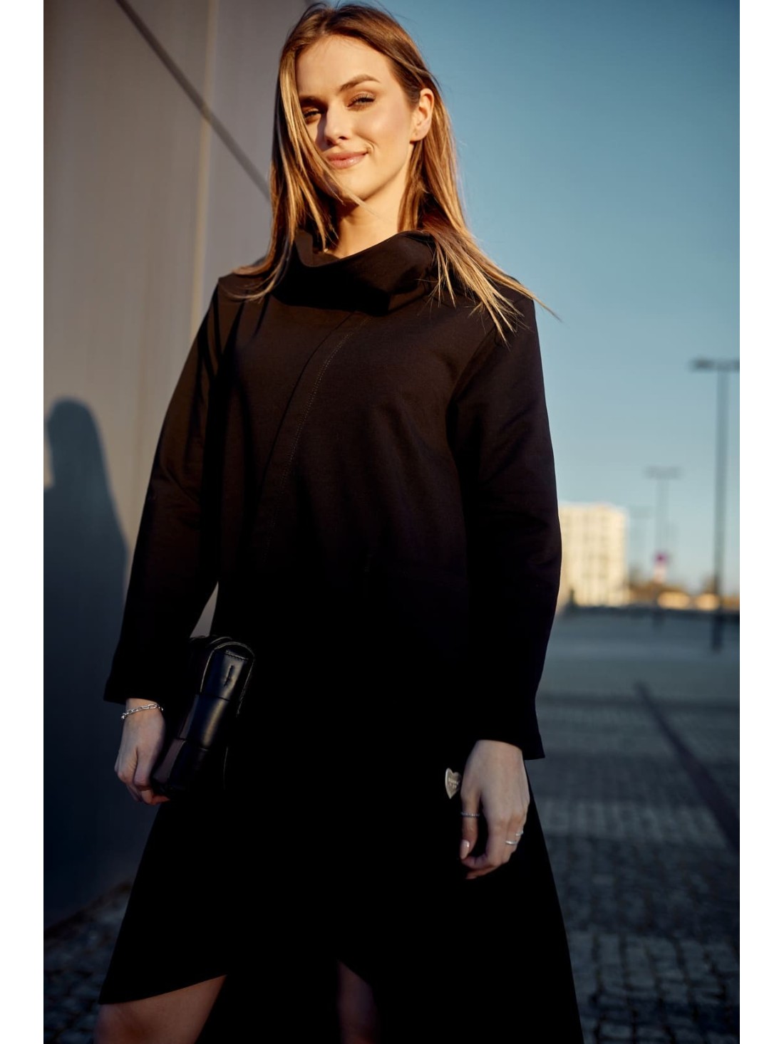 Trapezoidal dress with a wide turtleneck, black FI699 - Online store - Boutique